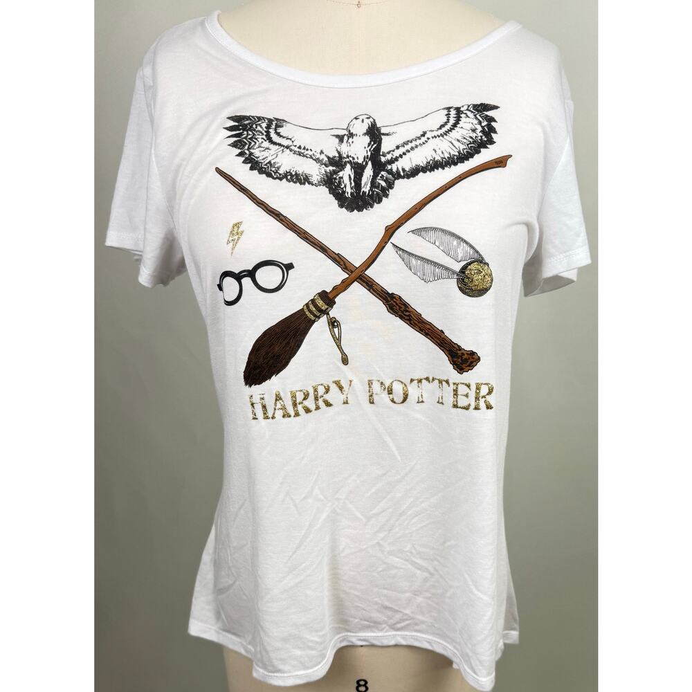 Harry Potter ‎ XXL Graphic T-Shirt White Glitter Gold Wizard Hedwig Snitch Tee